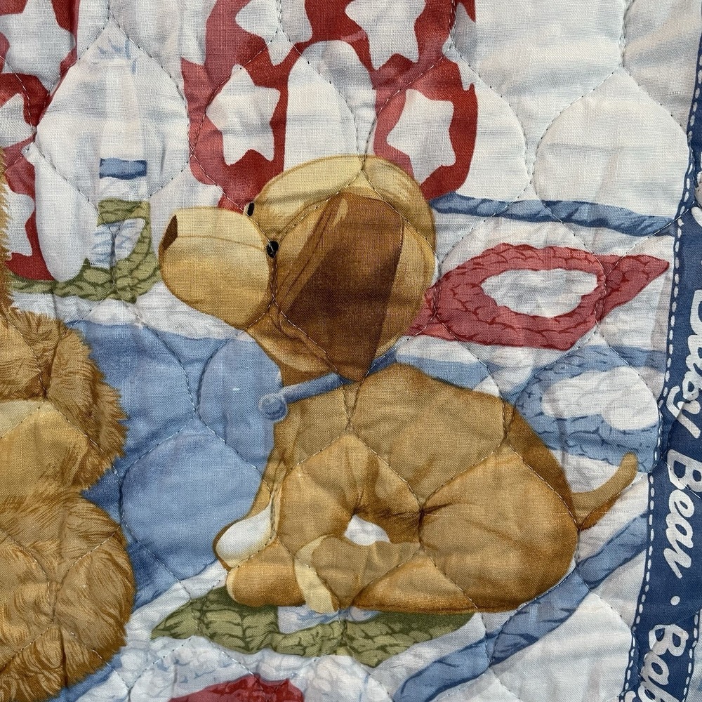 Baby Blanket Quilt Blue White Green Bear Giraffe Toy Satin VTG Cottage Farm Boho - Picture 8 of 11